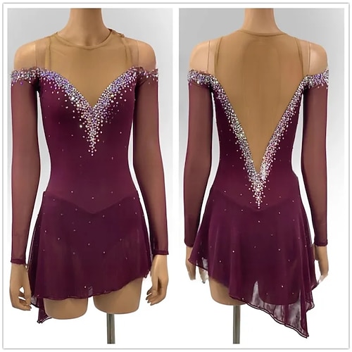 Eiskunstlaufkleid Damen Eislaufen Kleid Burgund Patchwork Asymmetrischer Saum Dehnbar Training Wettbewerb Eiskunstlaufkleidung Klassisch Kristall / Strass Langarm Eislaufen Eiskundstlauf Image