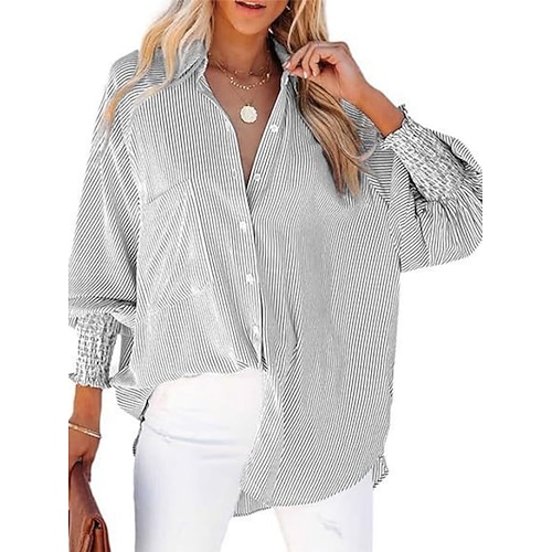 Damen Bluse Knöpfe Druck Gestreift Stilvoll Lässig Langarm Hemdkragen Lange Oberteile Täglich Blau Gelb Rosa Grün Grau Frühling Herbst Winter Image