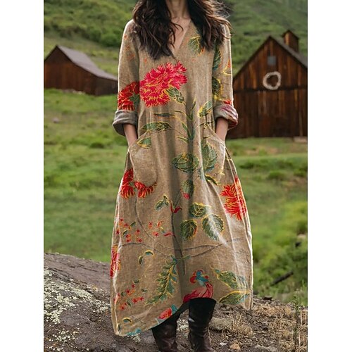 Damen Maxikleid A Linie Kleid Urlaub Lässig Täglich Lässiger Schnitt Grafik Abstrakt Langarm V Ausschnitt Dunkelgelb Hellgrün Rosa Rote Sommer Frühling Image