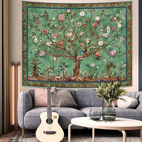 Wandteppich „Baum des Lebens" mit himmlischer Sonne, Mond, Planeten, Galaxie und Sternen – psychedelische Boho-Hippie-Wandkunst für die Schlafzimmerdekoration Image