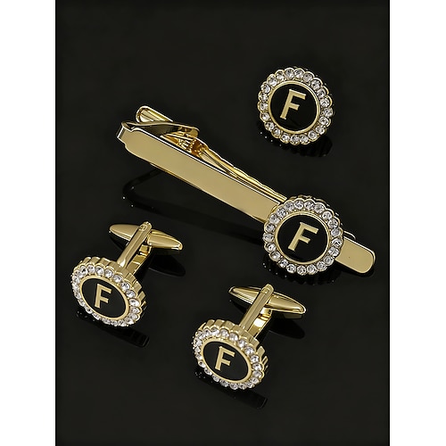 Herren-Krawattenklammer, Manschettenknöpfe und Anstecknadel-Set aus einer Legierung – elegantes schwarz-goldenes Design mit Kristallakzenten, personalisierbar mit 26 Initialen, perfektes Geschenk für formelle Anlässe und Businesskleidung Image