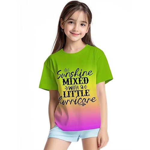 Mädchen 3D Grafik Buchstabe T-Shirt Kurzarm 3D-Druck Sommer Frühling Sport Mode Streetwear Kinder 4-12 Jahre Rundhalsausschnitt Lässig Täglich Outdoor Normale Passform Image