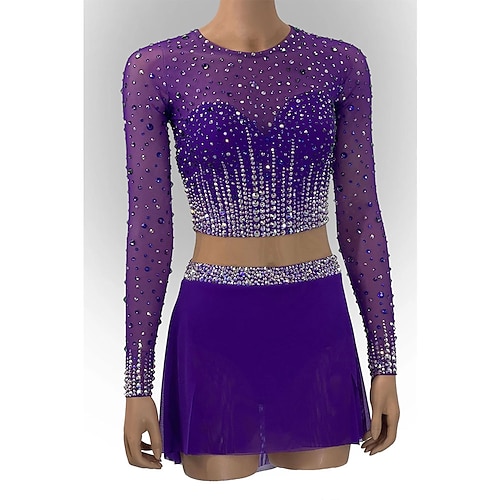 Eiskunstlaufkleid Damen Eislaufen Kleid Violett Patchwork Offener Rücken Hohe Elastizität Training Wettbewerb Eiskunstlaufkleidung Klassisch Kristall / Strass Langarm Eislaufen Eiskundstlauf Image