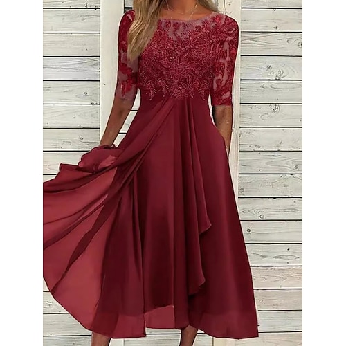 Damen Midikleid Spitzenkleid Cocktailkleid Kleid für Hochzeitsgäste Chiffonkleid Elegant Formell Party Hochzeit Normale Passform Halbarm Rundhalsausschnitt Blau Rosa Wein Dunkelgrün Sommer Image