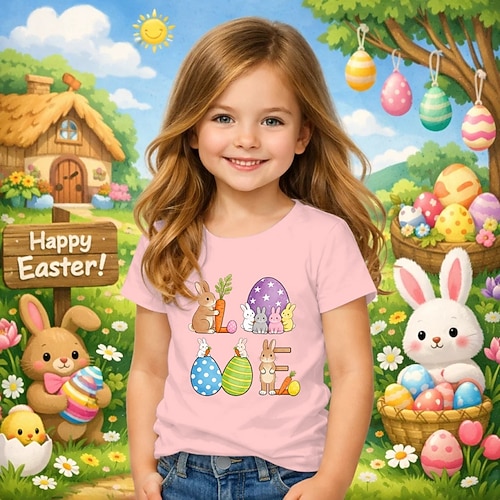 Ostern Mädchen 3D Grafik Kaninchen T-Shirt Kurzarm 3D-Druck Sommer Frühling Sport Mode Streetwear Kinder 4-12 Jahre Rundhalsausschnitt Lässig Täglich Outdoor Normale Passform Image
