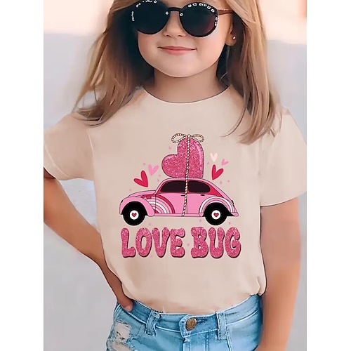 Valentinstag Mädchen 3D Herz Grafik Auto T-Shirt Kurzarm 3D-Druck Sommer Frühling Sport Mode Streetwear Kinder 4-12 Jahre Rundhalsausschnitt Lässig Täglich Outdoor Normale Passform Image