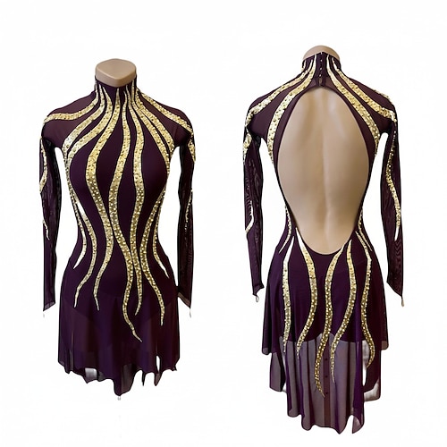 Eiskunstlaufkleid Damen Eislaufen Kleid Fuchsie Patchwork Offener Rücken Dehnbar Training Wettbewerb Eiskunstlaufkleidung Klassisch Kristall / Strass Langarm Eislaufen Eiskundstlauf Image