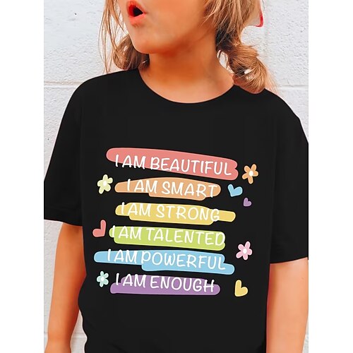 100% Baumwolle Kinder Mädchen Schwarz Text T-Shirt Rundhalsausschnitt Kurzarm Urlaub Sport Outdoor Alltagskleidung Mode Streetwear Lässig Drucken Sommer Image