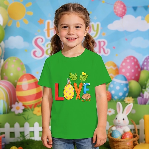 Ostern Mädchen 3D Grafik Kaninchen T-Shirt Kurzarm 3D-Druck Sommer Frühling Sport Mode Streetwear Kinder 4-12 Jahre Rundhalsausschnitt Lässig Täglich Outdoor Normale Passform Image