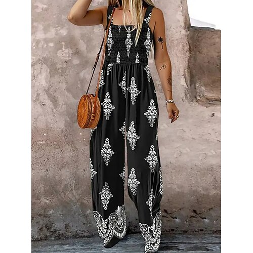 Damen Normal Overall Aktiv Blumen Ärmellos Weites Bein Quadrathals Tasche Druck Täglich Urlaub Lässiger Schnitt Blau Schwarz Fuchsie Sommer Image