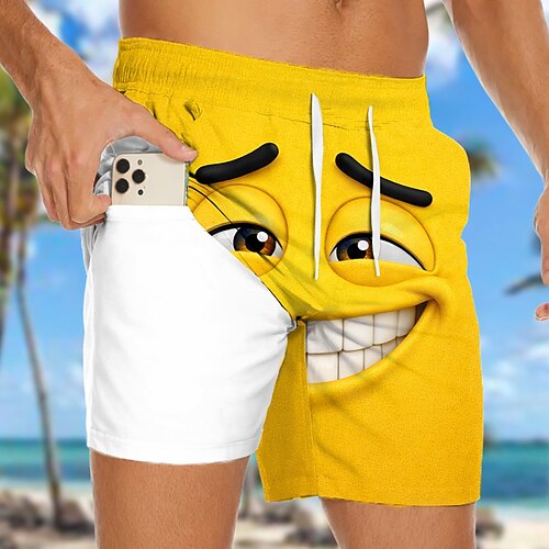 Herren Optische Täuschung 3D Zeichentrick Wütendes Gesicht Gefütterte Shorts 2 in 1 Badeshorts Badeshorts Mittlere Taille Hawaiianisch Lustig Strandurlaub Seitentaschen Mit Kompressionsfutter Image