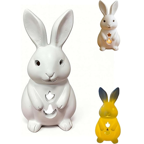 Osterkerzenhalter in Hasenform aus Kunstharz, weißer Hasenkerzenhalter, Teelichthalter-Statue, kleine Hasenfigur aus Kunstharz als Kerzenhalter für die Tischdekoration im Frühling Image
