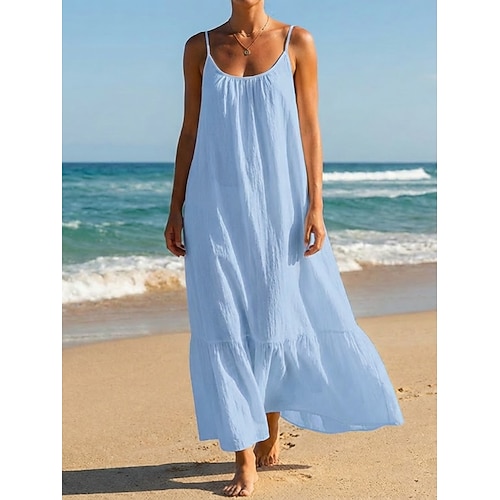 Damen Midikleid 100% Baumwolle Shiftkleid Sommerkleid Unterkleid Mode Modern Täglich Outdoor Urlaub Lässiger Schnitt Einfach Ärmellos Träger Schwarz Weiß Purpur Leicht Blau Sommer Frühling Image