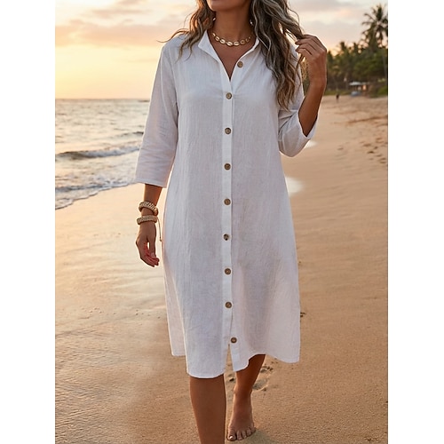 Damen Knielanges Kleid Kunstbaumwollleinen Hemdblusenkleid Mode Modern Täglich Outdoor Urlaub Normale Passform Einfach Halbarm Hemdkragen Schwarz Weiß Grün Sommer Frühling Image