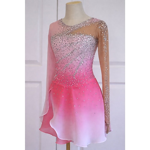 Eiskunstlaufkleid Damen Eislaufen Kleid Rosa Patchwork Offener Rücken Hohe Elastizität Training Wettbewerb Eiskunstlaufkleidung Klassisch Kristall / Strass Langarm Eislaufen Eiskundstlauf Image