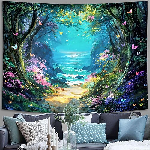 Wandteppich mit Wasserfallmotiv aus einem verwunschenen Wald, magischen Pilzen, biolumineszenter Dschungellandschaft – Kunst für Yoga- und Meditationsräume Image