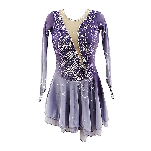 Eiskunstlaufkleid Damen Eislaufen Kleid Violett Patchwork Asymmetrischer Saum Dehnbar Training Wettbewerb Eiskunstlaufkleidung Klassisch Kristall / Strass Langarm Eislaufen Eiskundstlauf Image