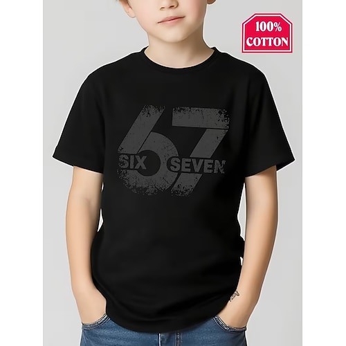 T-Shirt für Jungen aus 100 % Baumwolle mit lustigem Slang-Aufdruck „67" in Schwarz, Weiß und Rot. Grafikdruck, Rundhalsausschnitt, Kurzarm, ideal für Outdoor, Alltag, Freizeit, Streetwear und Sommer. Image