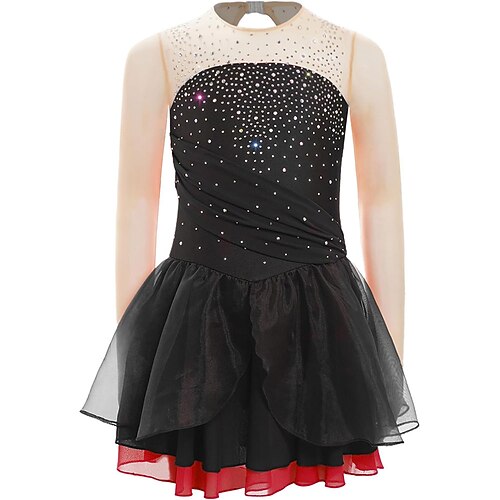 Eiskunstlaufkleid Damen Eislaufen Kleid Schwarz Rosa Rot Patchwork Daumenloch Hohe Elastizität Training Wettbewerb Eiskunstlaufkleidung Klassisch Kristall / Strass Langarm Eislaufen Eiskundstlauf Image
