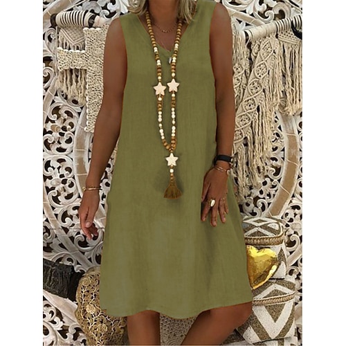 Damen Minikleid Kunstbaumwollleinen Shiftkleid Sommerkleid Lässig Täglich Strand Urlaub Normale Passform Einfach Ärmellos V Ausschnitt Blau Schwarz Gelb Wein Sommer Frühling Image