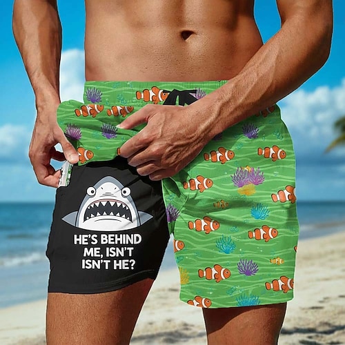 Herren Hai Meeresbewohner Lustiger Slang Gefütterte Shorts 2 in 1 Badeshorts Badeshorts Mittlere Taille Hawaiianisch Ferien Seitentaschen Mit Kompressionsfutter Elastischer Kordelzug in der Taille Image