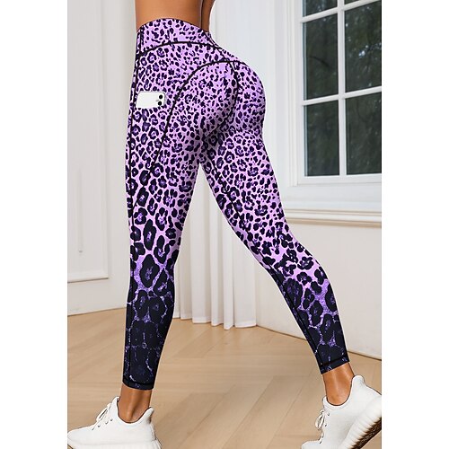 Damen Pilates-Leggings Fitnesshose Lässige Leggings Taschen Stempelsteuer Patchwork Pilates Fitnessstudio Fitnesstraining Hosen Strumpfhosen Leggings Leopard Mit Tiermuster Leopard-Druck Dunkelgrau Image