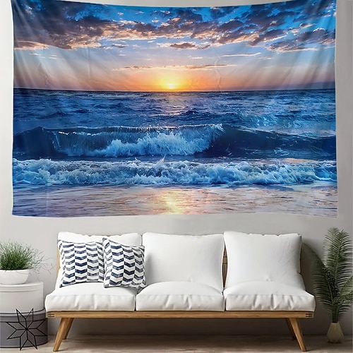 Wandteppich mit Sonnenuntergangs- und Meereswellenmotiv, Küstenlandschaft, Naturkunst für Wohnzimmer, Yogaraum und Meditationsraum Image