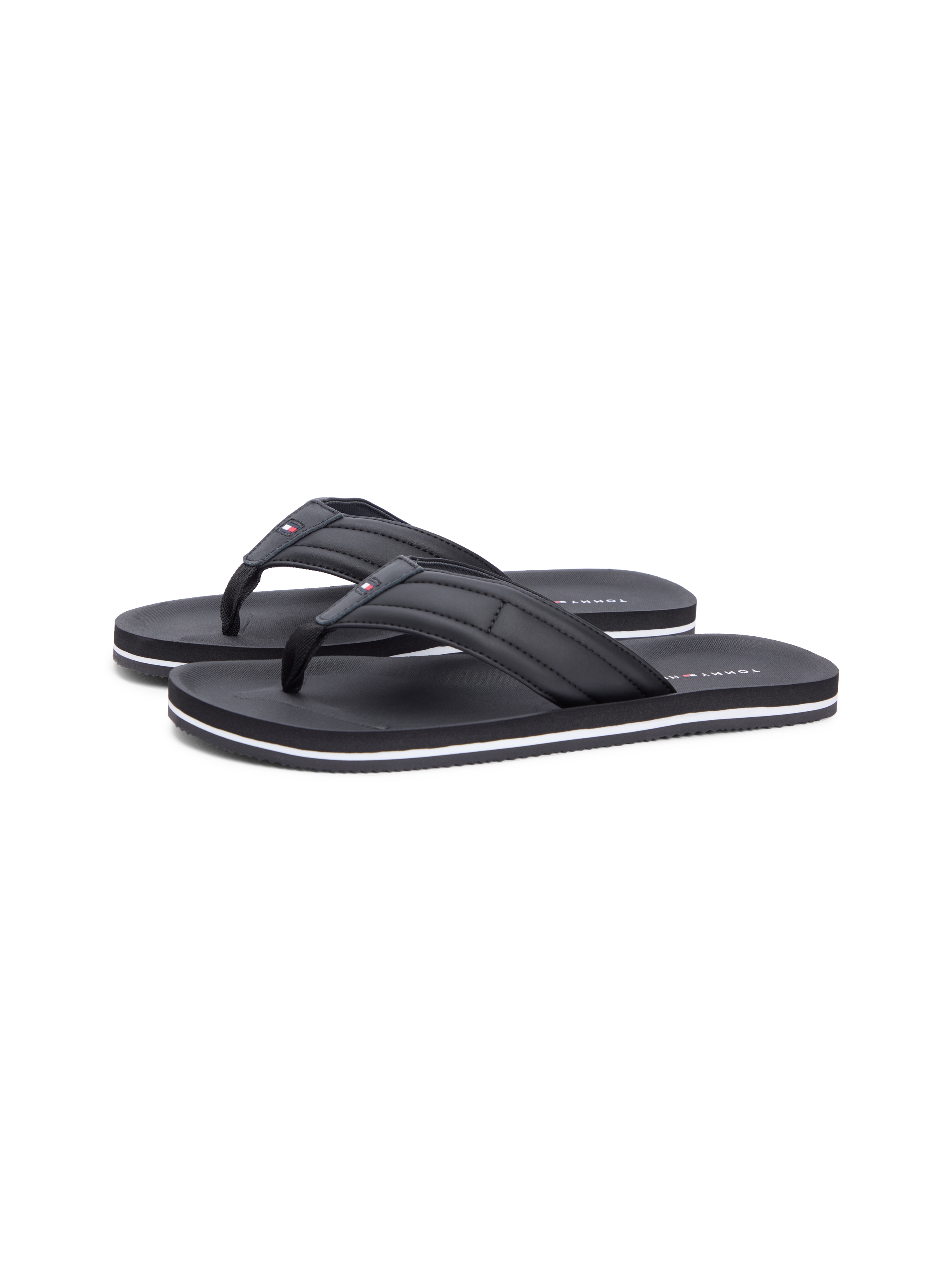 Zehentrenner TOMMY HILFIGER "HILFIGER PADDED BEACH SANDAL", Herren, Gr. 41, schwarz, Lederimitat, unifarben, Schuhe Zehentrenner, Sommerschuh, Flats, Strandschuh mit Ziersteppung
