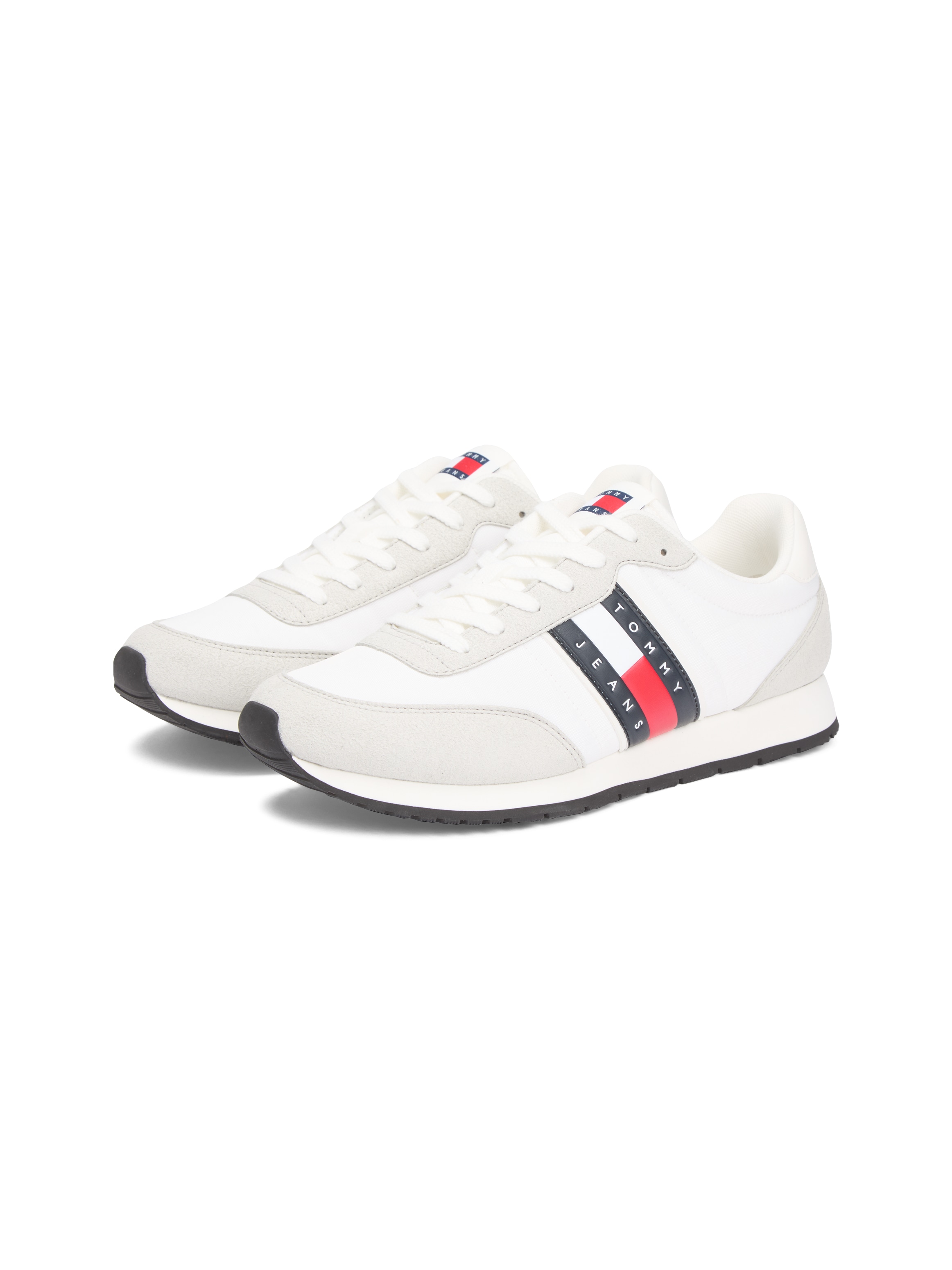 Sneaker TOMMY JEANS "TJM CLASSIC RUNNER", Herren, Gr. 42, weiß, grau, Textil, Veloursleder, unifarben mit Farbeinsätzen, Schuhe Sneaker, Freizeitschuh, Halbschuh, Schnürer mit Kontrastbesätzen