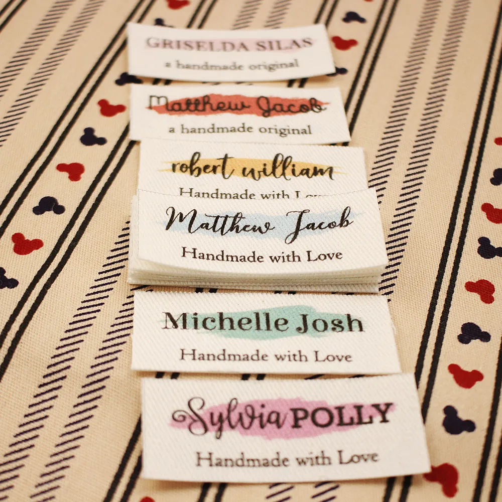 20 x 50 mm Aufbügeletiketten, Baumwolle mit Logo oder Text-Nähetikett, Etiketten für gestrickte Dinge, individuell, Person Institution, handgefertigtes Teg, Geschenkanhänger Image
