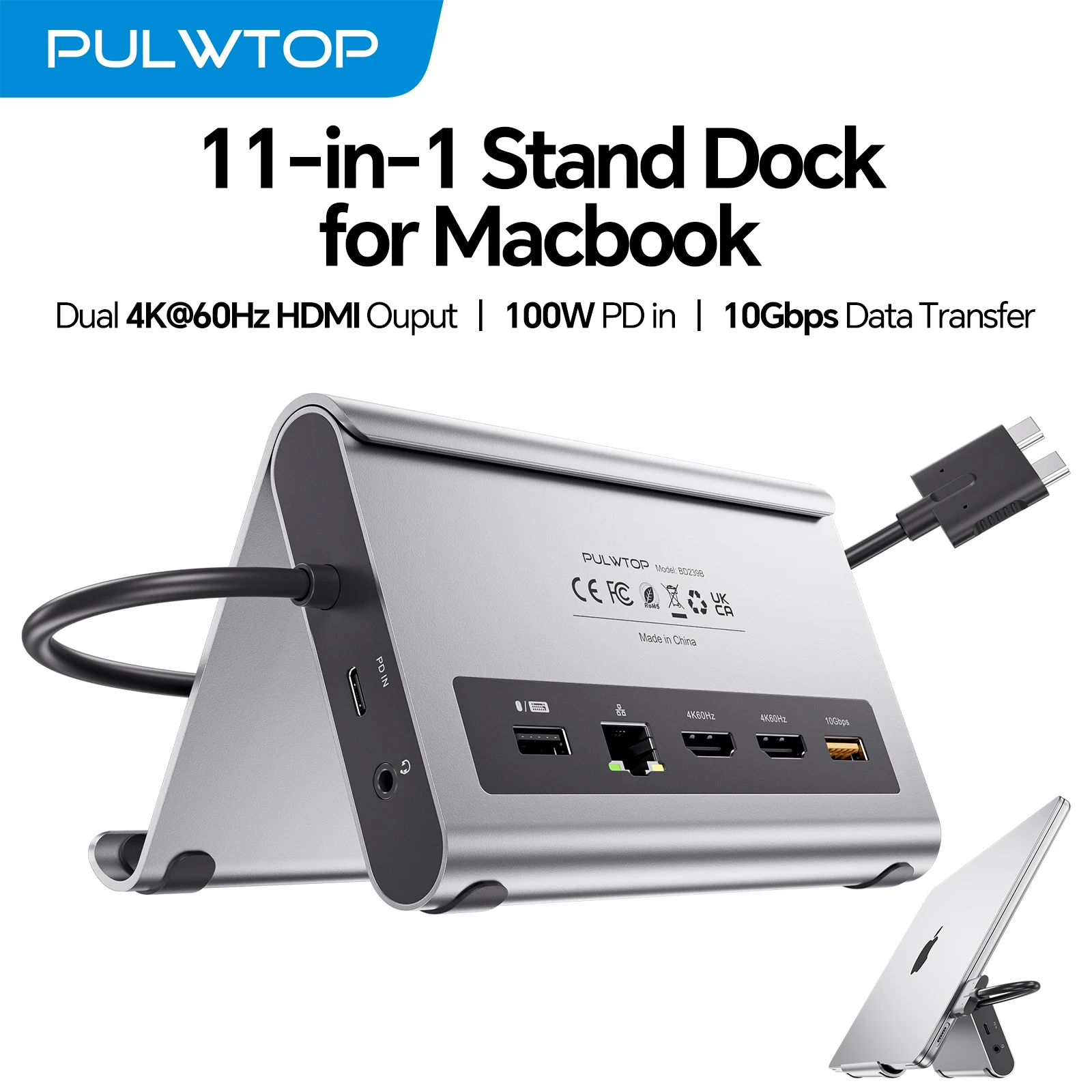 PULWTOP Dockingstation Dual Monitor für MacBook Pro/Air M3/M4/M5, mit 2 HDMI, PD, Ethernet, USB A/C 10 Gbit/s, Audio, SD/TF Image