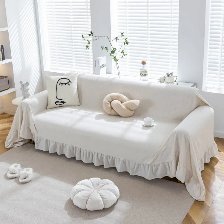 Nordischer Couchbezug aus Baumwollleinen, Sofaüberwurf mit gerüschten Kanten, vielseitiger Stoff, geeignet für alle Jahreszeiten, modernes, minimalistisches Design Image
