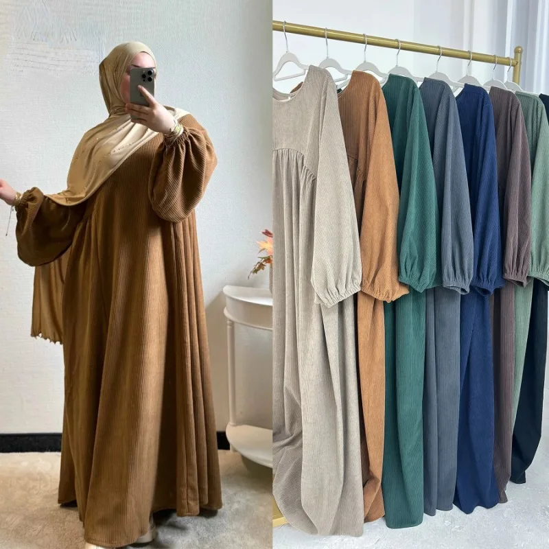 Dubai Cord Abaya für Muslimische Frauen Eid Ramadan Modest Kleid Lose Große Elegante Kleid Islam Kleidung Türkei Solide Robe Image