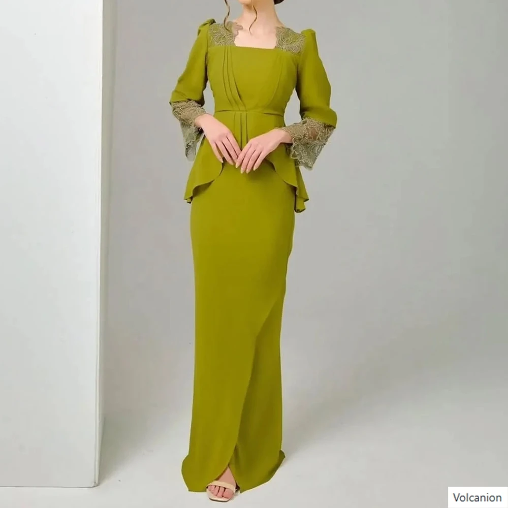 Customized Straight Evening Dresses Floor-length Square Collar Full Sleeve Prom Gown Simple Fashion Lace Pleat Casual Party Gown