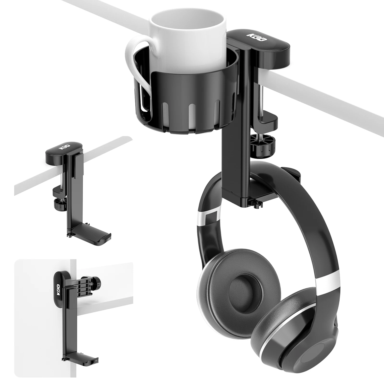Drehbarer Kopfhörerhalter, 2-in-1, unter der Schreibtischklemme, Headset-Ständer, austauschbarer Getränkehalter für Universal-Headset und Tasse Image