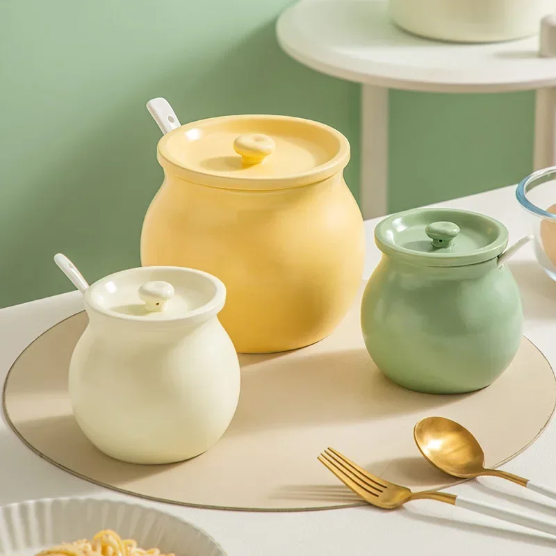 Keramik Schmalz Glas hoch temperatur beständig mit Deckel Chili Öl Dose Keramik Gewürz glas Paprika Glas Küche Salzglas Löffel bringen