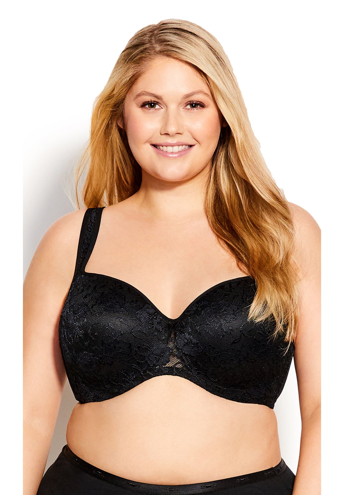 Plus Size Women's Lace Balconette Bra Contouring Floral Underwire Mesh Stretch Supportive by Avenue Body in Black (Size 48 B)