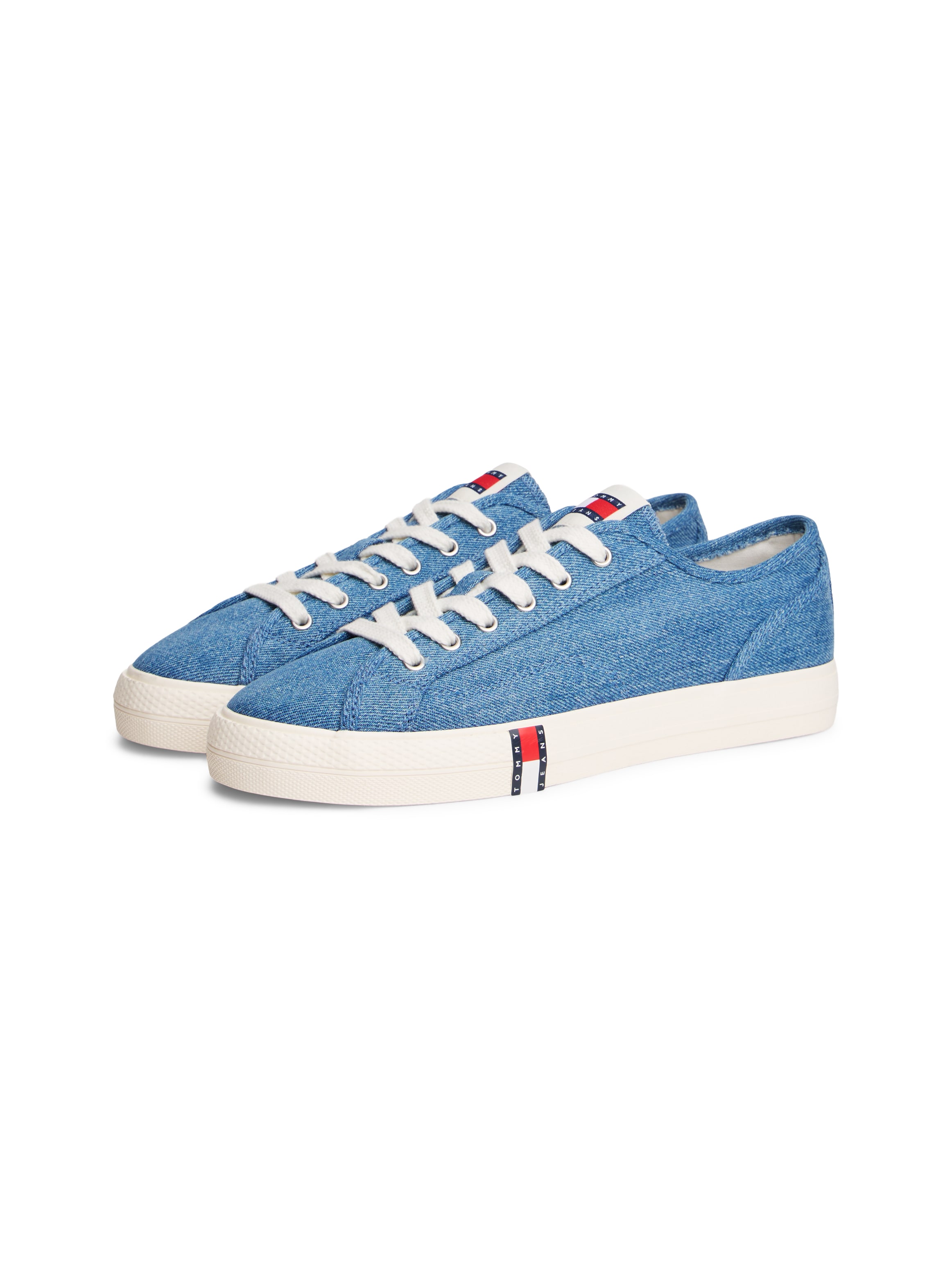 Plateausneaker TOMMY JEANS "ARCHIVE Y2K DENIM", Damen, Gr. 39, denim, Baumwolle, unifarben, used, Schuhe Plateausneaker, Schnürschuh, Halbschuh, Freizeitschuh mit Flagge im Plateau