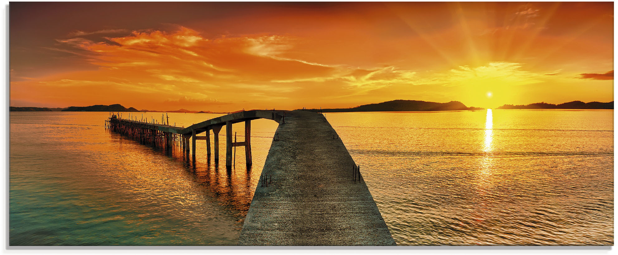 Glasbild ARTLAND "Sonnenaufgang über dem Meer", orange (farbe bild(er): orange), B:125cm H:50cm, Bilder, in verschiedenen Größen Image