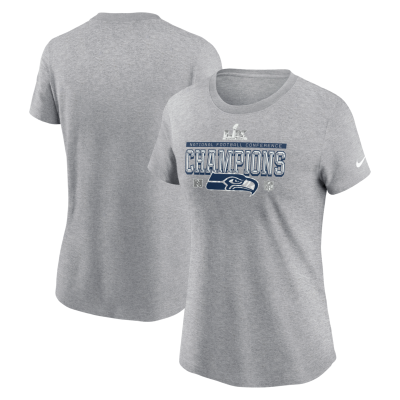 Nike Damen-T-Shirt aus der Heather Gray Seattle Seahawks 2025 NFC Champions Locker Room Trophy Collection Image