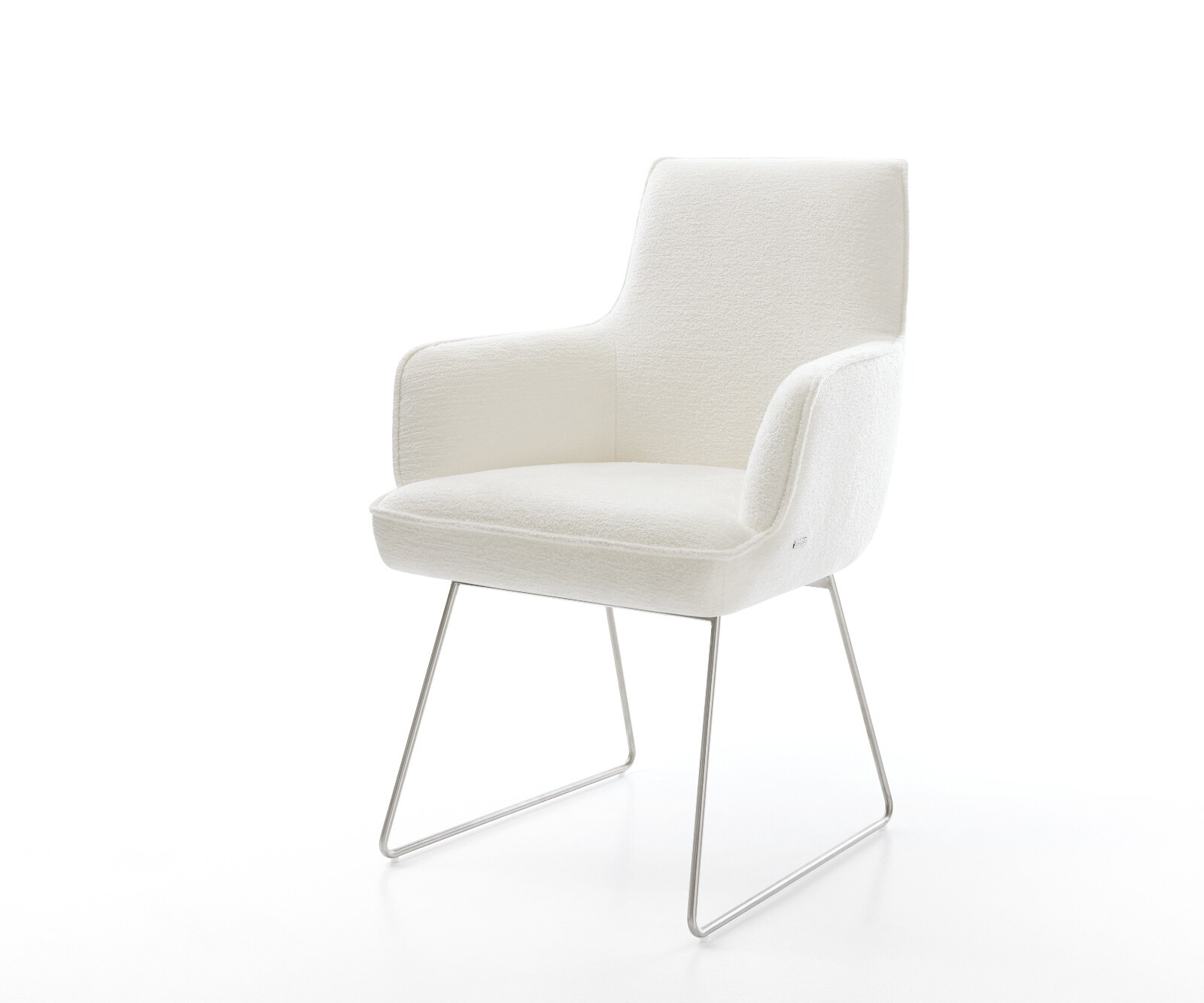 DELIFE Esszimmerstuhl Heira-Flex mit Armlehnen Bouclé Soft Beige Kufengestell Edelstahl Taschenfederkern, Esszimmerstühle Image