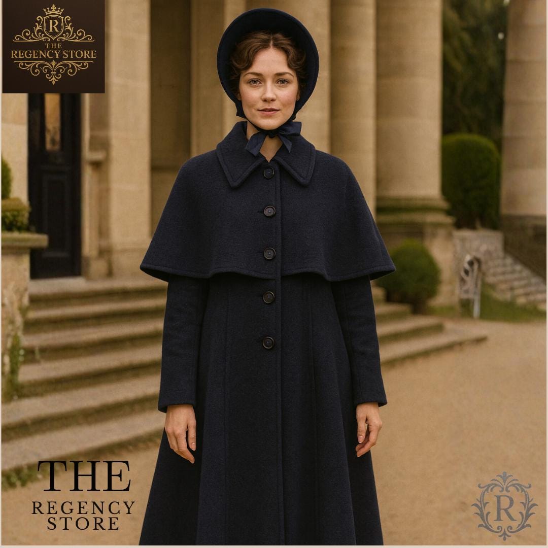 Mantello in lana blu navy da donna in stile Regency - Soprabito dell'epoca di Jane Austen, costume da cosplay storico e d'epoca