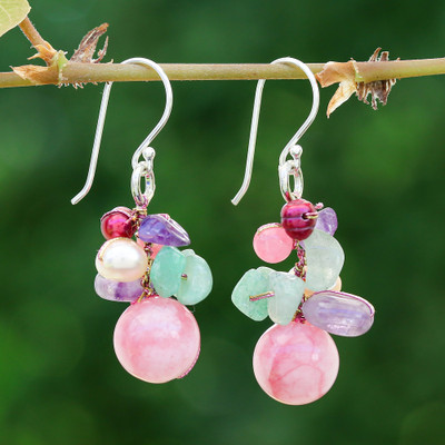 Thai Belle,'Artisan-Made Pink-Palette Multi-Gemstone Cluster Earrings'