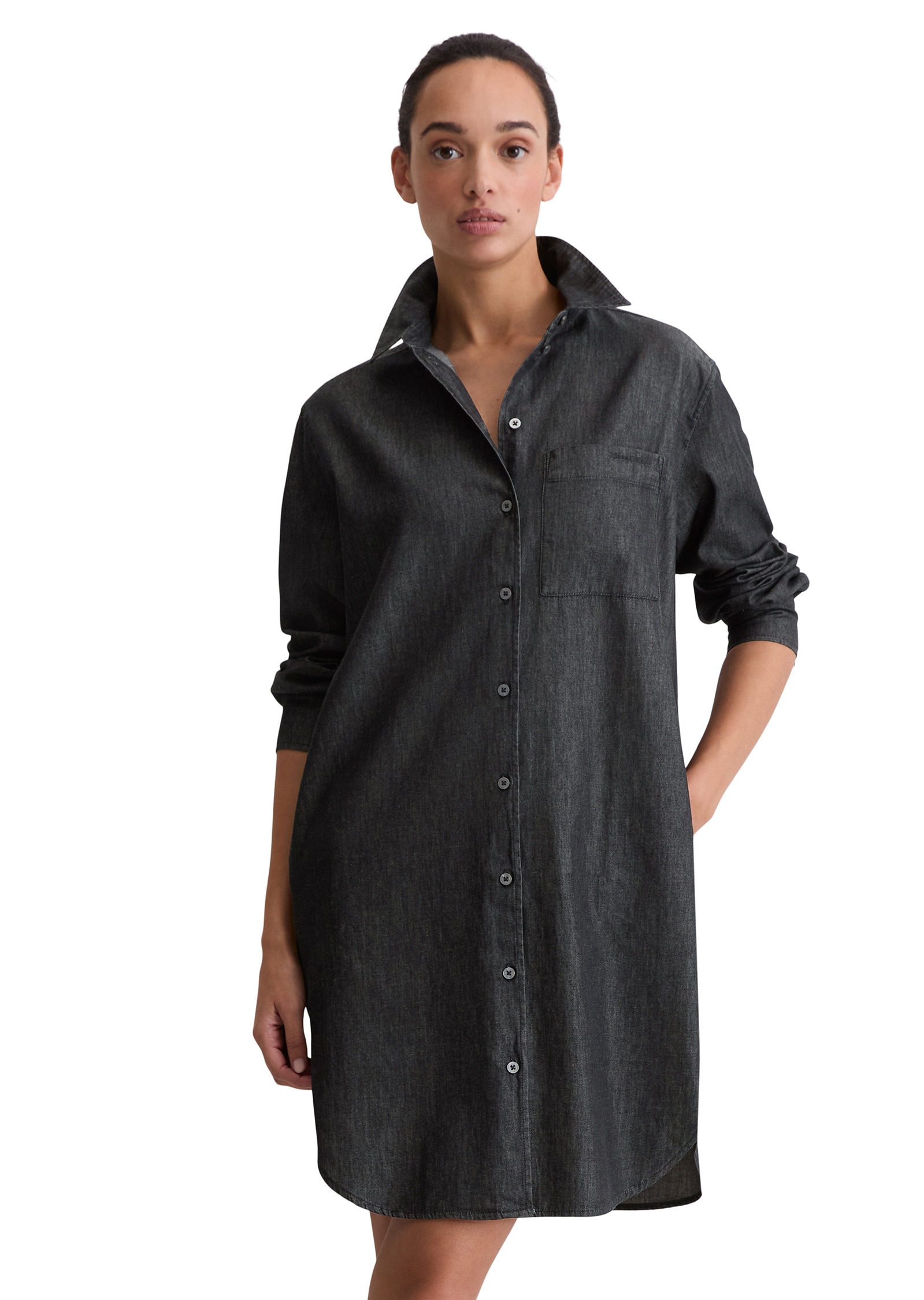 Hemdblusenkleid MARC O'POLO "aus Baumwoll-Chambray", Damen, Gr. 32, Normalgrößen, dunkelblau, Obermaterial: 100% Baumwolle, unifarben, regular fit kurz, Manschette, Kleider