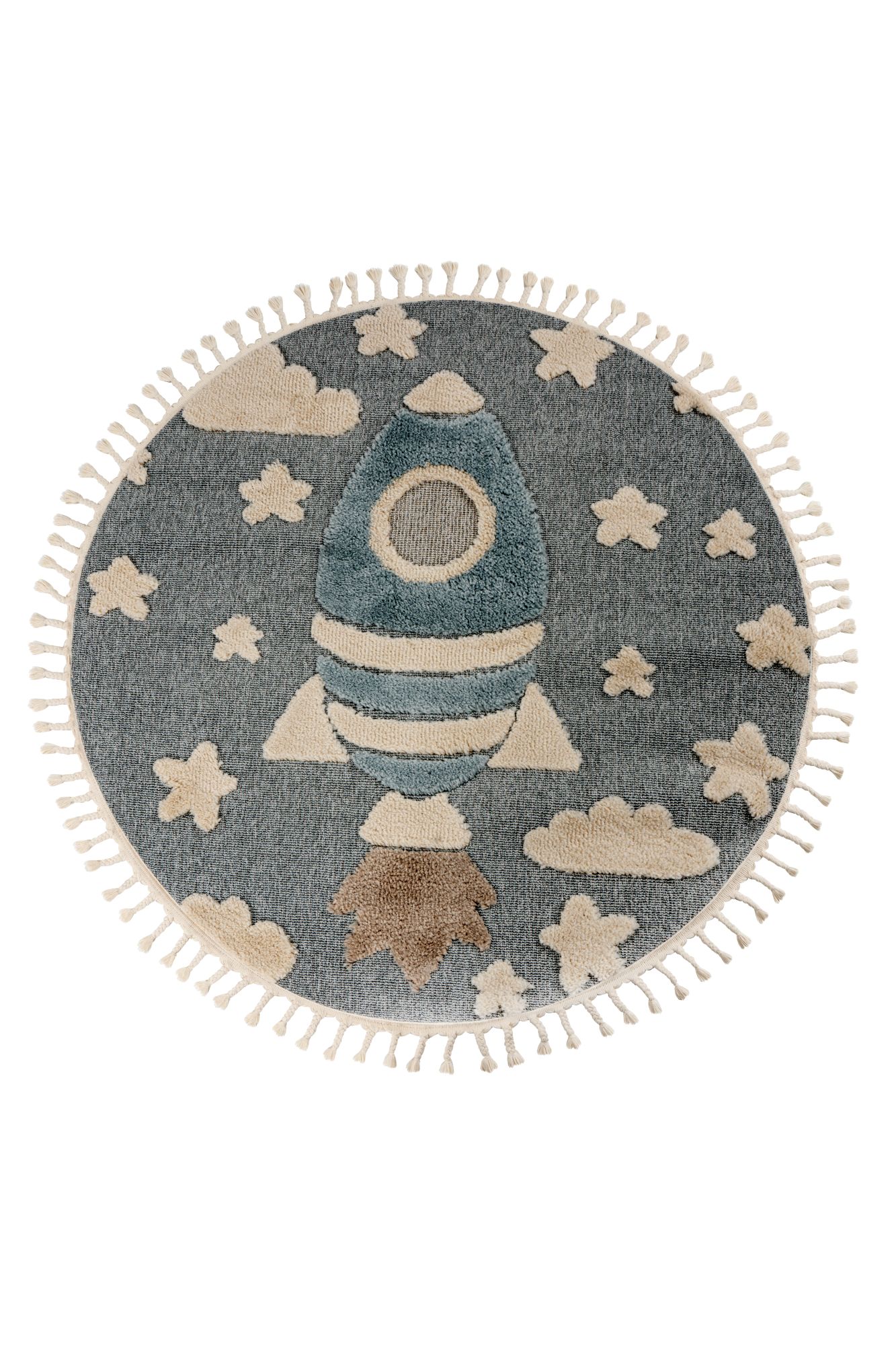 Kinderteppich KAYOOM "Modena 416", blau, B:133cm H:11mm L:133cm Ø:133cm, Polypropylen, Teppiche, Kinderteppich, auch in rund, Kurzflor, Hoch Tief, mit Fransen