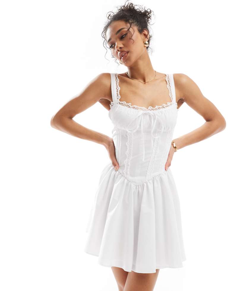 Miss Selfridge Womens Poplin Lace Trim Corset Mini Dress in White - Size 12 UK | Miss Selfridge Sale | Discount Designer Brands