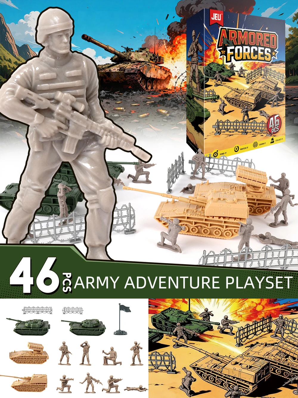 ViiKONDO Esercito Uomini Giocattolo Avventura Militare Playset Forze Blindate Campo di Battaglia Carro Armato Nave Da Guerra Soldato Figura Divertimento Wargame Scatola Colorata