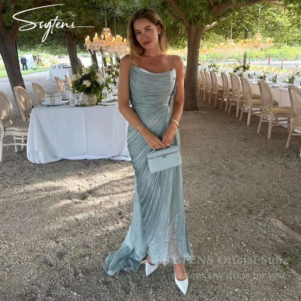 Elegante Crepe Blau Abendkleider Maßgeschneiderte Liebsten Prom Kleider Chic Saudi Hochzeit Gast Party Kleid Strand Vestidos De Festa