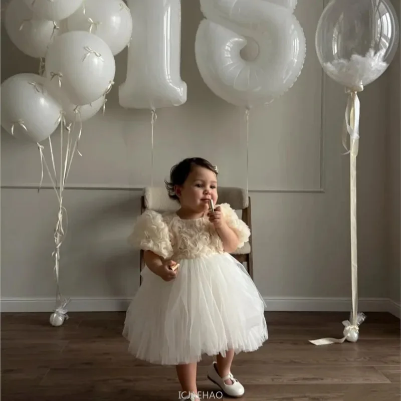2025 Champagner-Kleider für Babys, 1. Geburtstag, Kleid, 3D-Blume, Tutu, Prinzessinnenkleid, Party-Outfit, süßes formelles Kinderkostüm Image