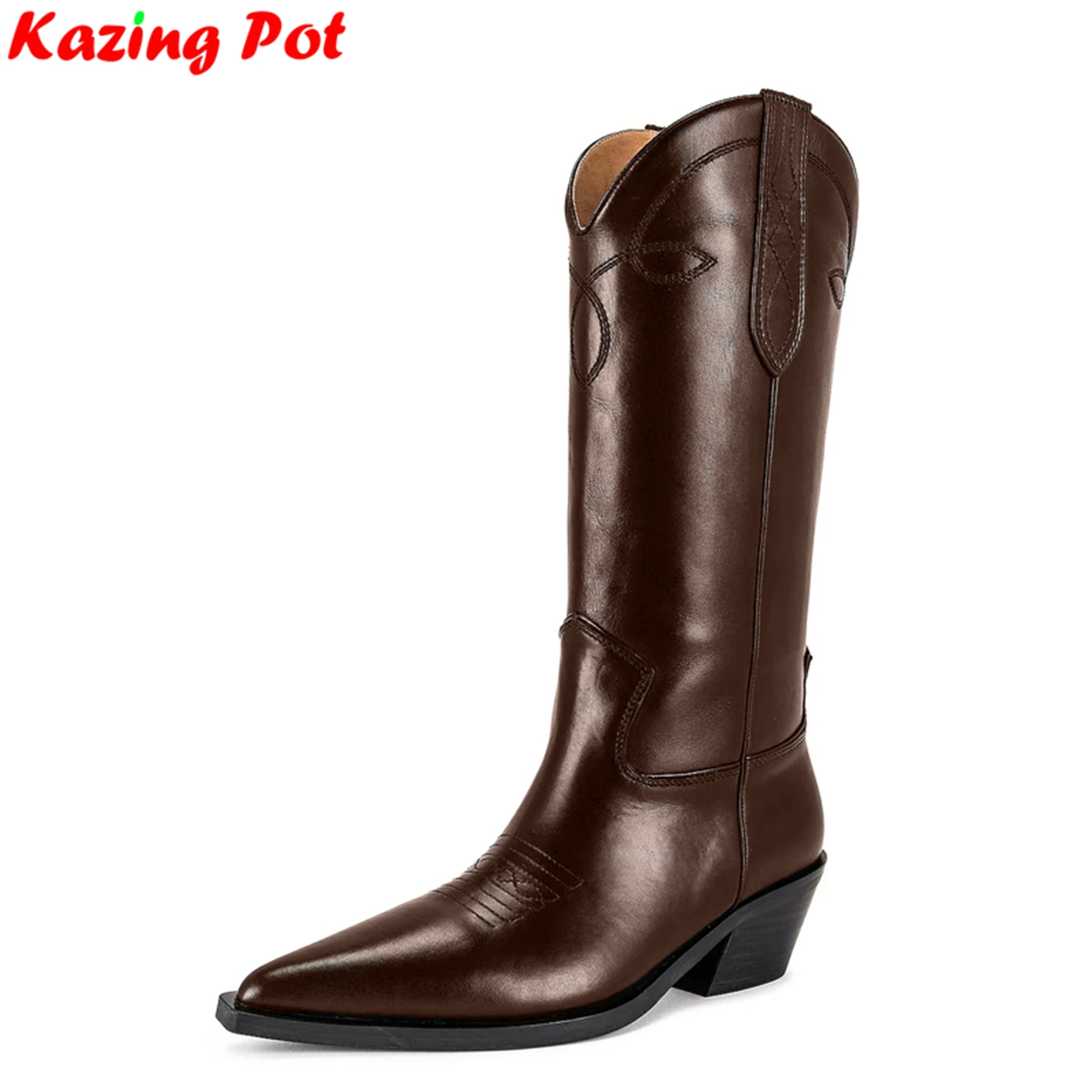 Krazing Pot Rindsleder 2025, klobige High Heels, Vintage-Westernstiefel, warme Winterschuhe, bestickt, Retro-Damen-Stiefel mit mittlerer Wade